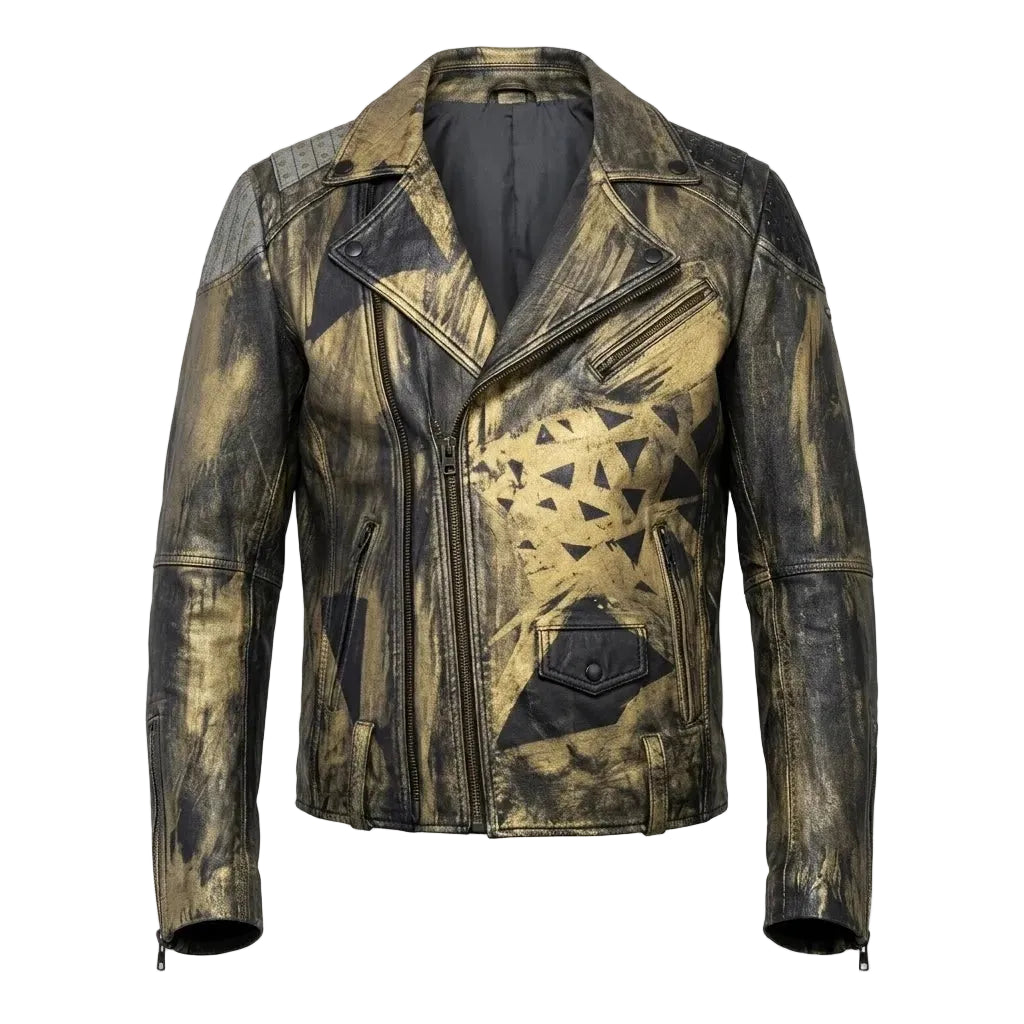 D. Va Black And Gold Hand Painted Studded Leather Biker Jacket