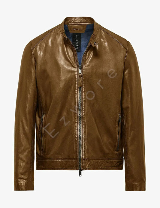 Dark Biege Leather Jacket For Men