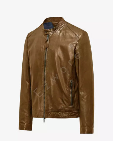 Dark Biege Leather Jacket For Men