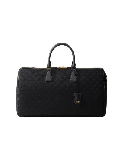 Embroidered Fabric Black Leather Duffel Bag