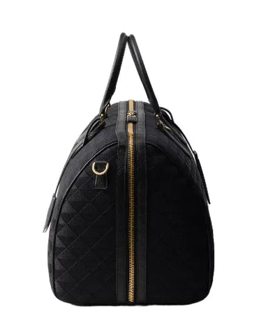 Embroidered Fabric Black Leather Duffel Bag