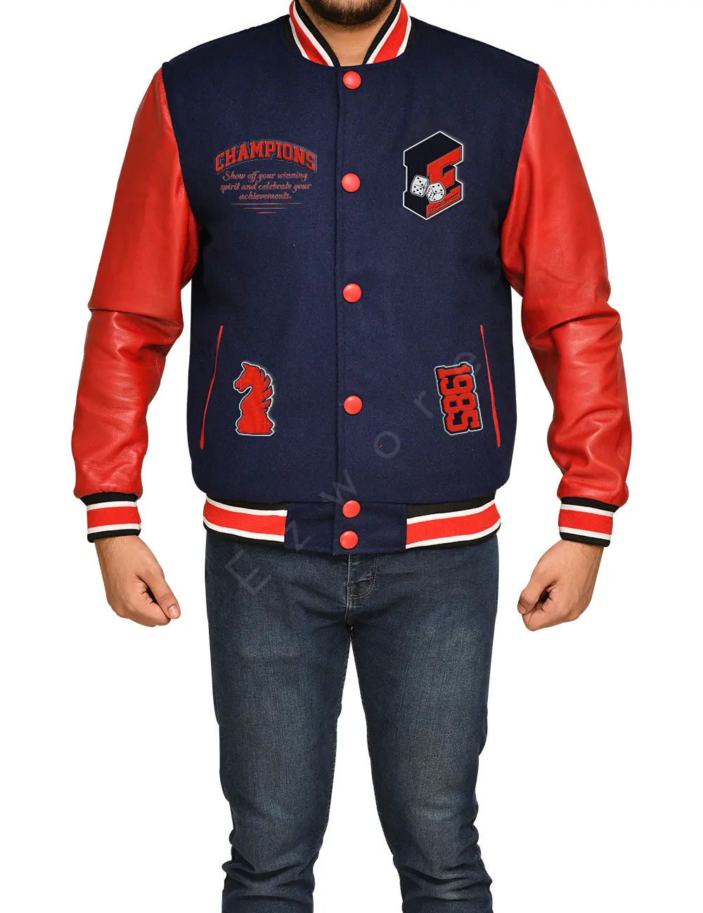 Red and blue varsity 2025 jacket