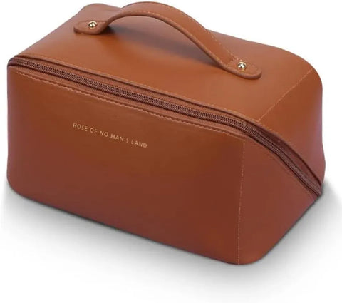 Large Capacity Long Leather Brown Cosmetic Bag