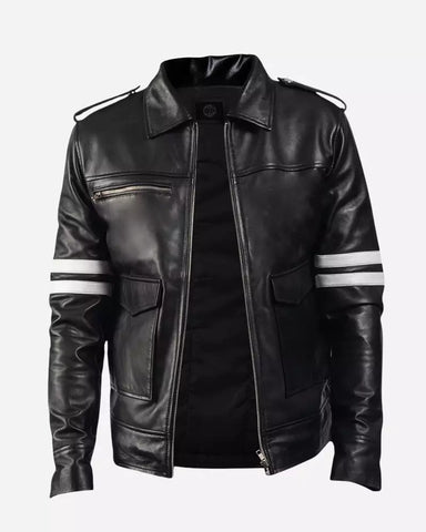 Mens Black and White Stripe Leather Jacket