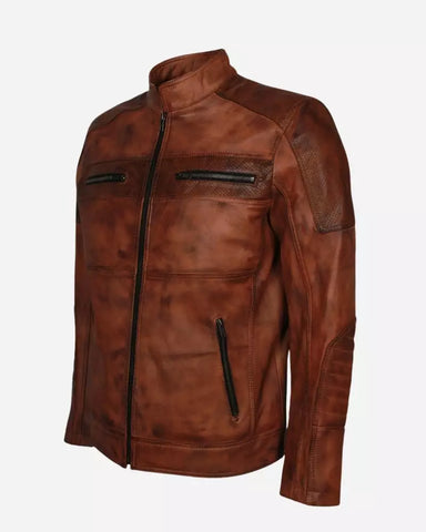 Men Cafe Racer Brown Cowhide Motorcycle Jacket