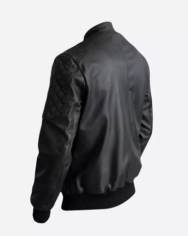 Casual Black Leather Bomber Jacket