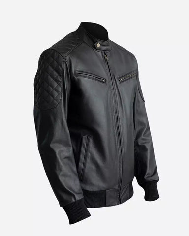 Casual Black Leather Bomber Jacket