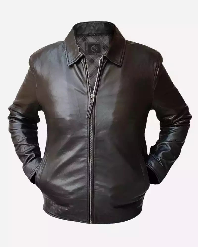 Men Simple Dark Brown Leather Jacket