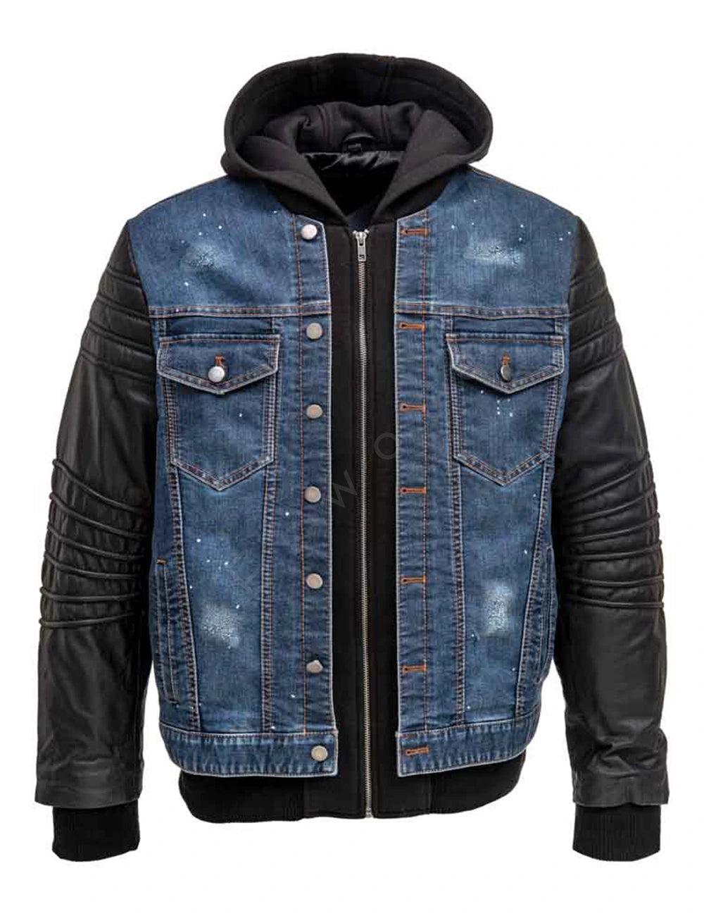 Men Hooded Leather Denim Jacket