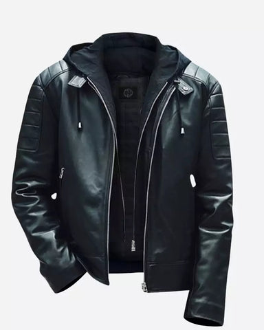 Men Leather Moto Hooded Jacket