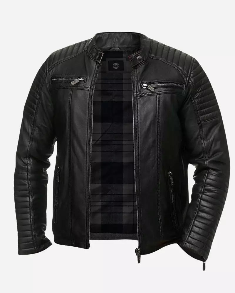 Men Black Quilted Biker Leather Jacket