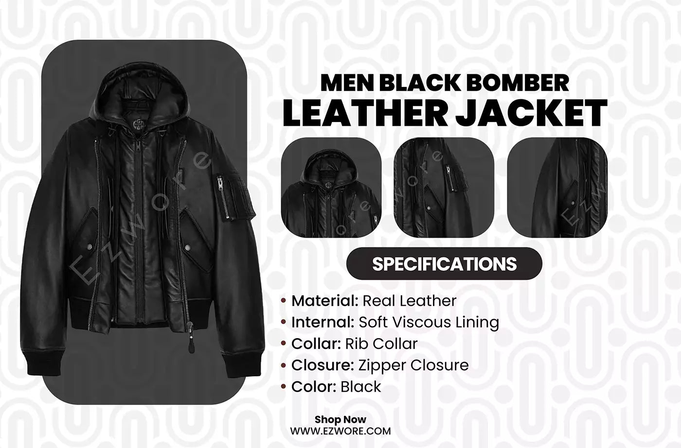 Men Black Bomber Leather Jacket infography