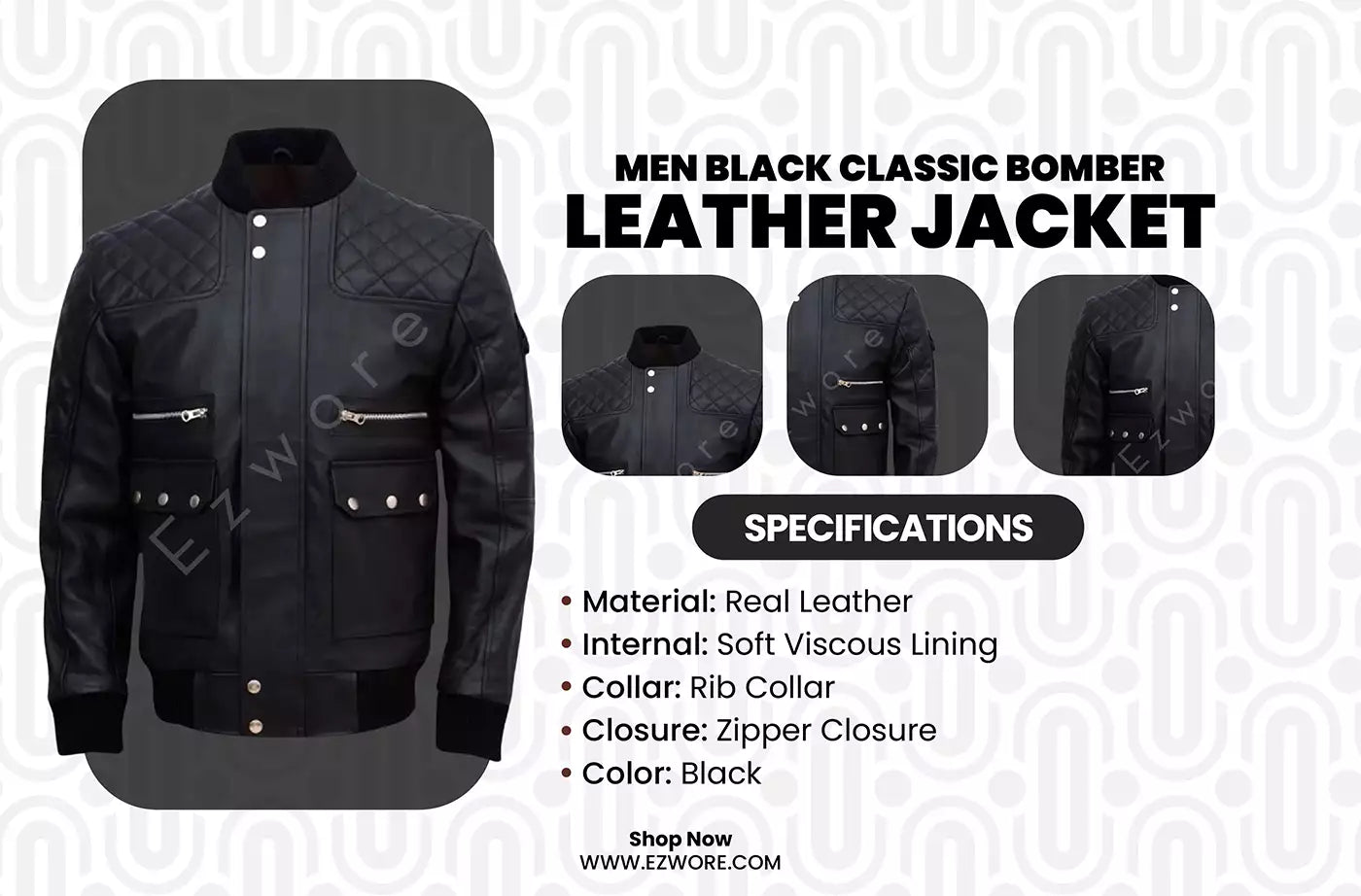 Men Black Classic Bomber Leather Jacket infography