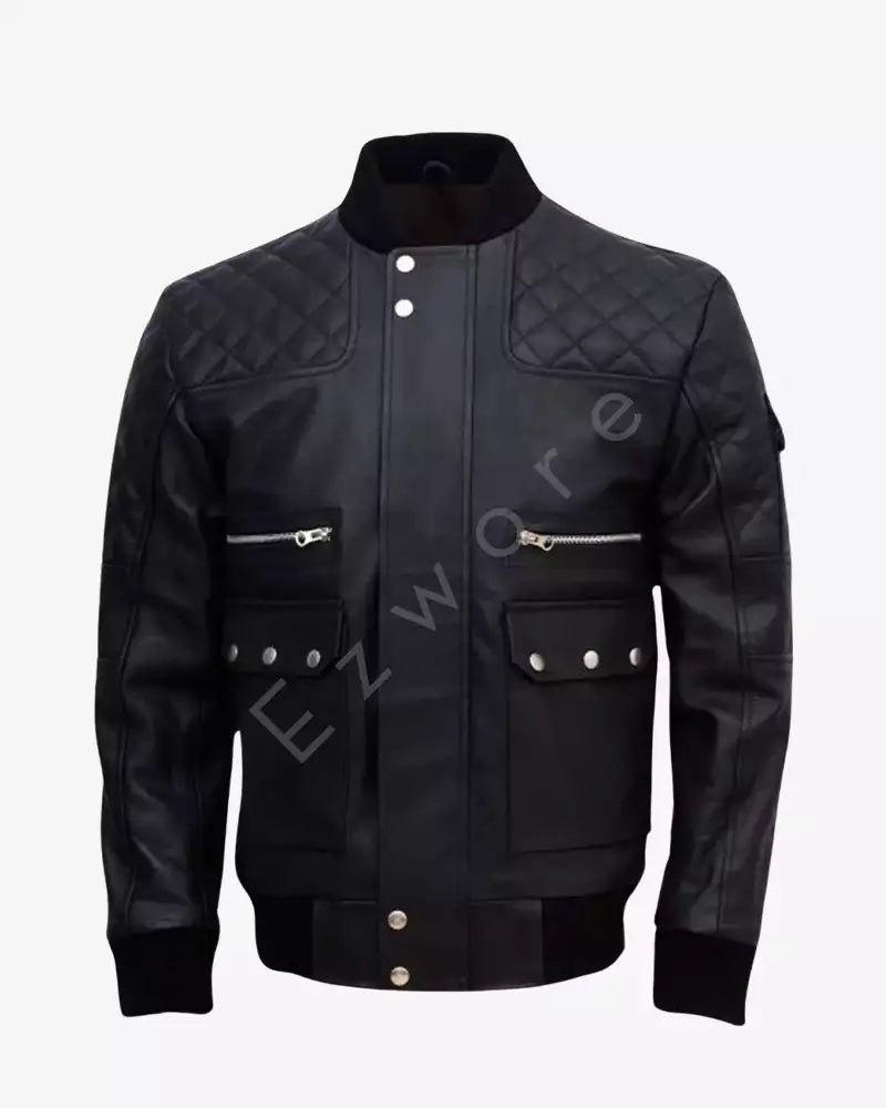 Men Black Classic Bomber Leather Jacket