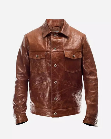 Men Brown Cowhide Leather Trucker Jacket