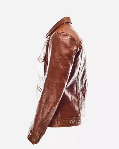 Men Brown Leather Trucker Jacket