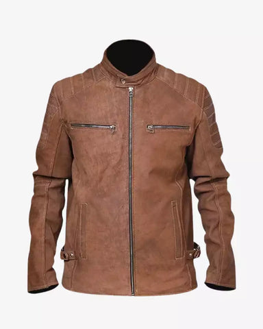 Men Cafe Racer Camel Brown Leather Jacket