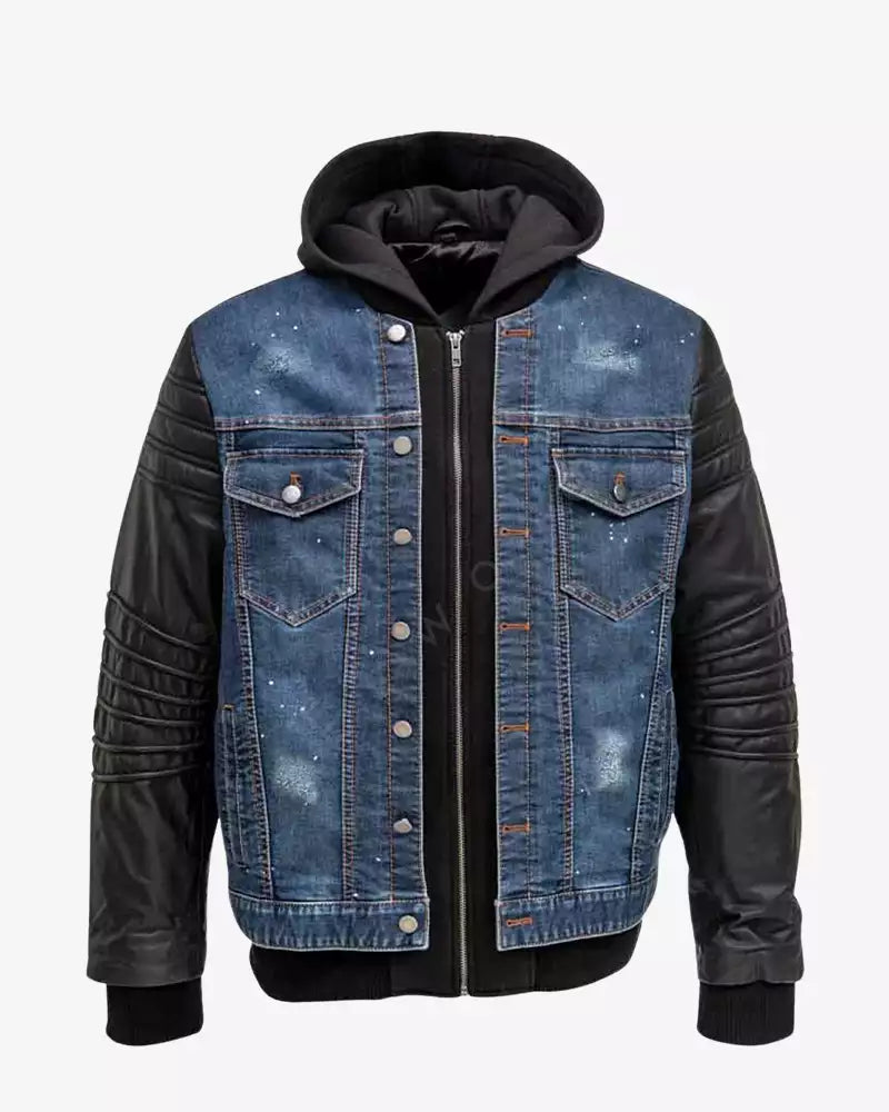 Men Hooded Leather Denim Jacket