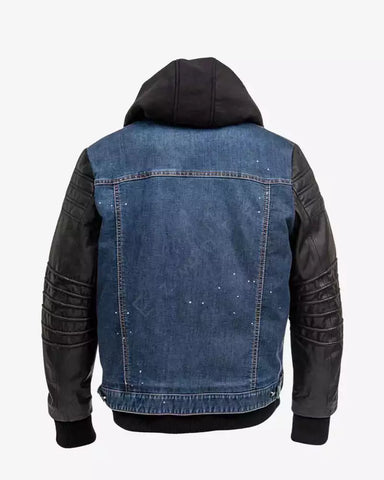 Men Hooded Leather Denim Jacket