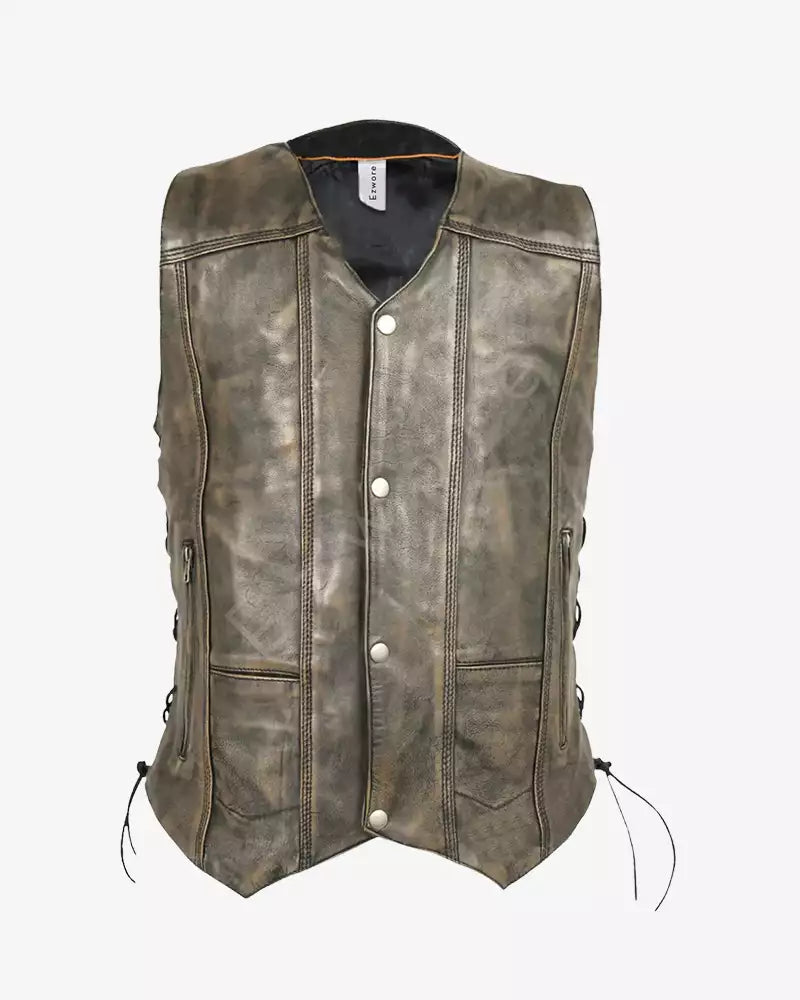 Men Leather Distressed Brown Vest