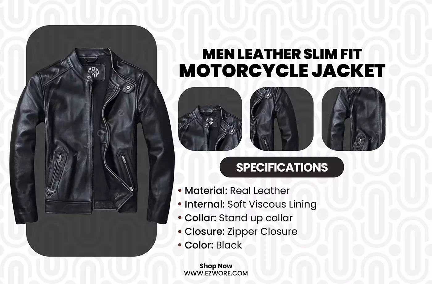 Men Leather Slim Fit Motorcycle Jacket infography