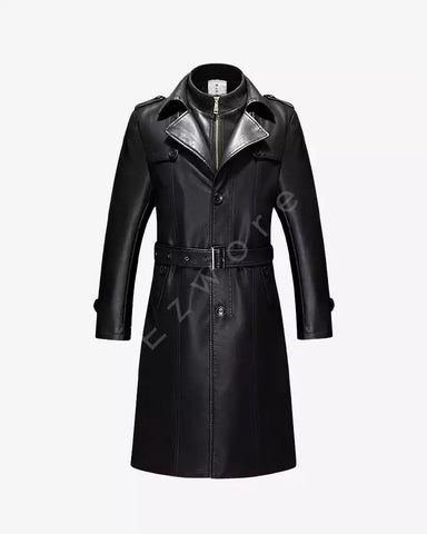 Men Long Leather Trench Coat