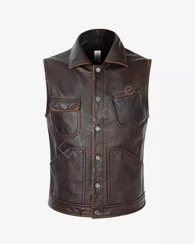 Men Vintage Brown Biker Leather Vest