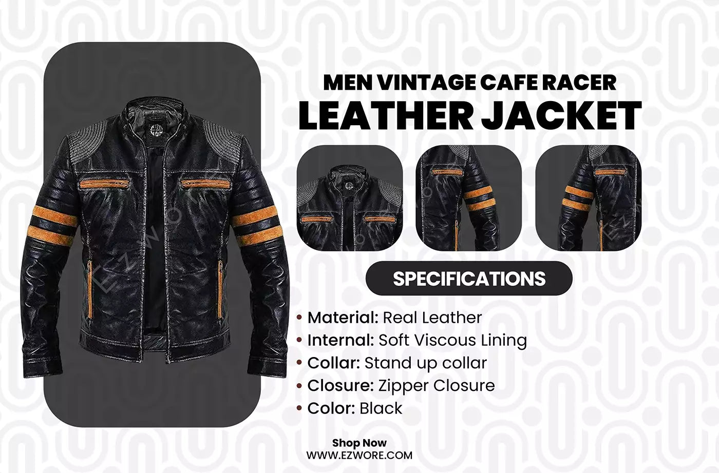 Men Vintage Cafe Racer Leather Jacket infography