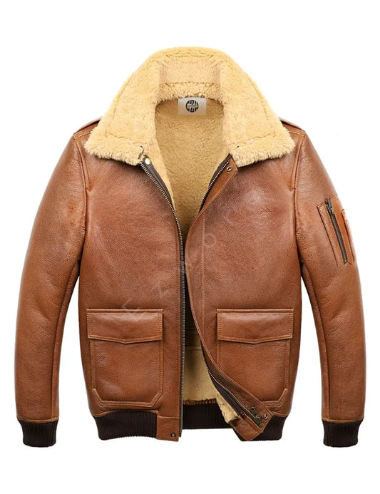 Men's Aviator Camel A2 Shearling Leather Bomber Jacket