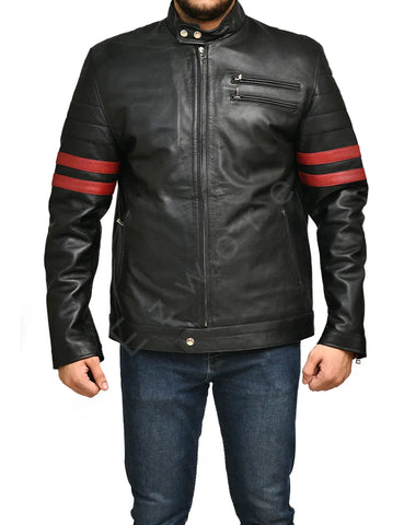 Men's Black Biker Red Stripes Jacket