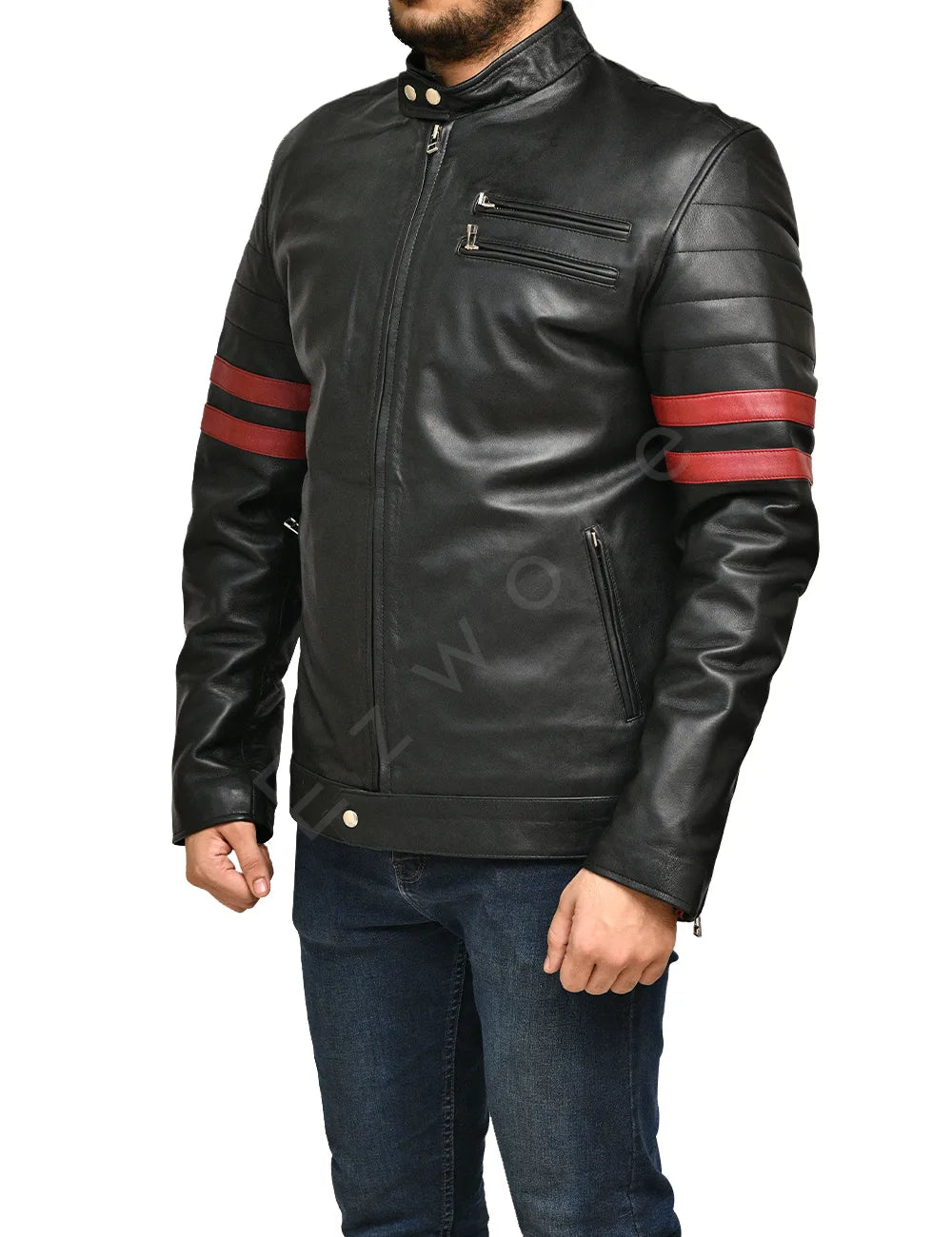 Men's Black Biker Red Stripes Jacket