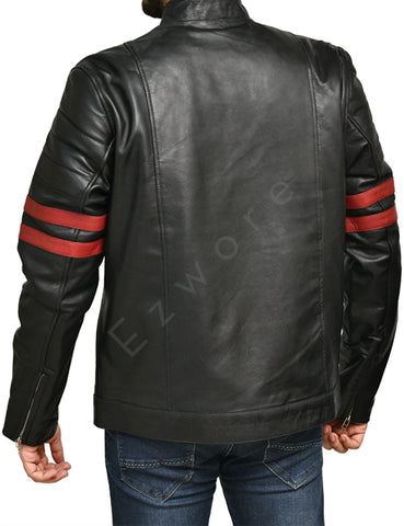 Men's Black Biker Red Stripes Jacket