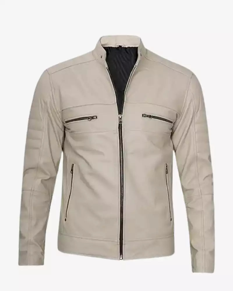 Men's Cafe Racer Leather Jacket (Beige)