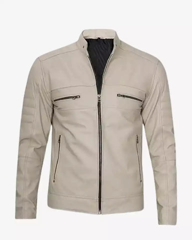 Men's Cafe Racer Leather Jacket Beige