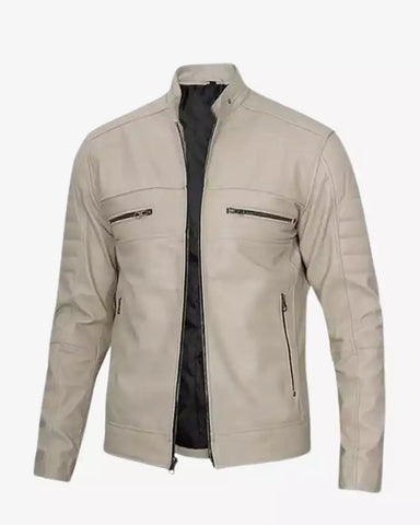 Men's Cafe Racer Leather Jacket Beige