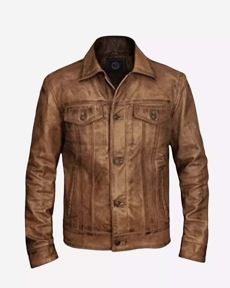 Men’s Distressed Leather Camel Brown Trucker Jacket