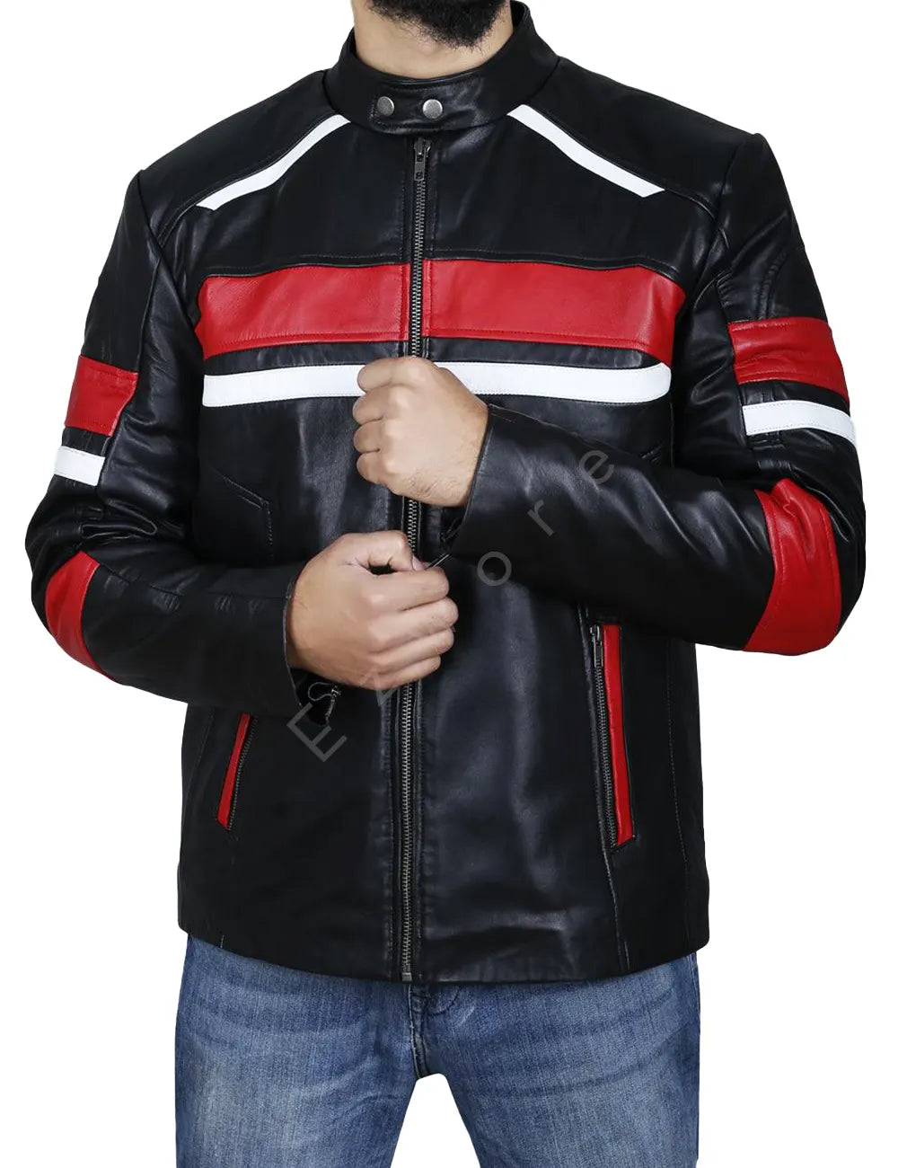 Mens Stripe Leather Classic Biker Jacket