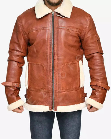 Men's B-3 Brown Leather Bomber Jacket