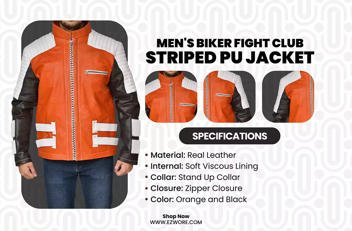 Men's Biker Fight Club Striped PU Jacket infography