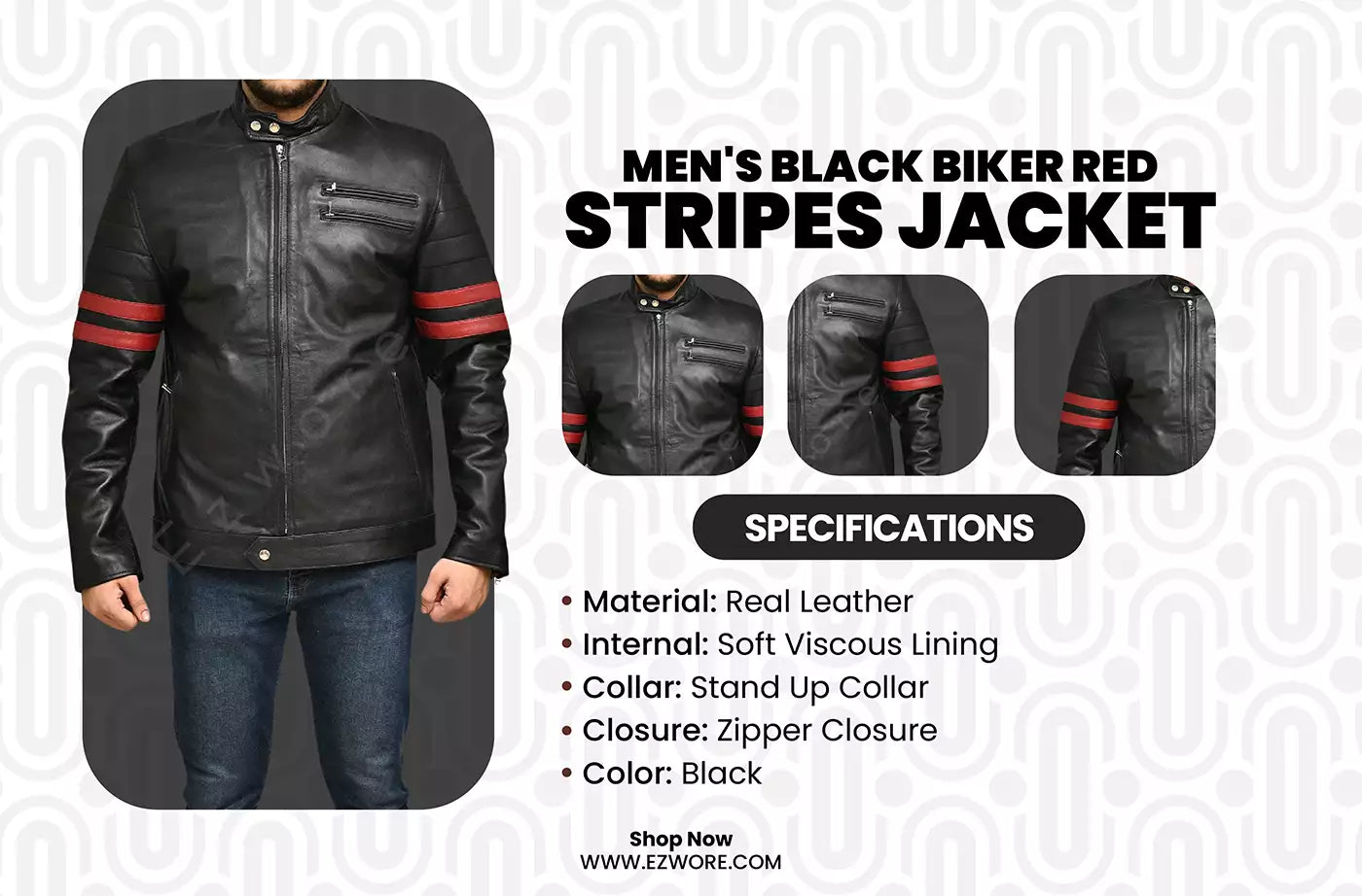 Men's Black Biker Red Stripes Jacket infography