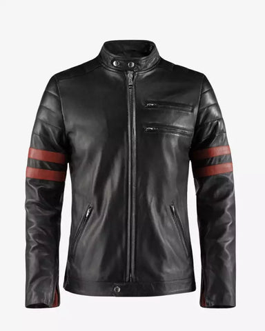 Men's Black Biker Red Stripes Jacket