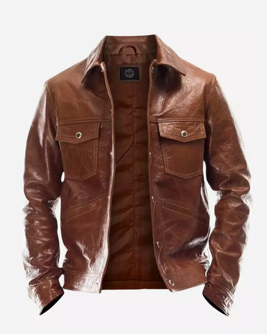 Mens Brown Cowhide Leather Trucker Jacket