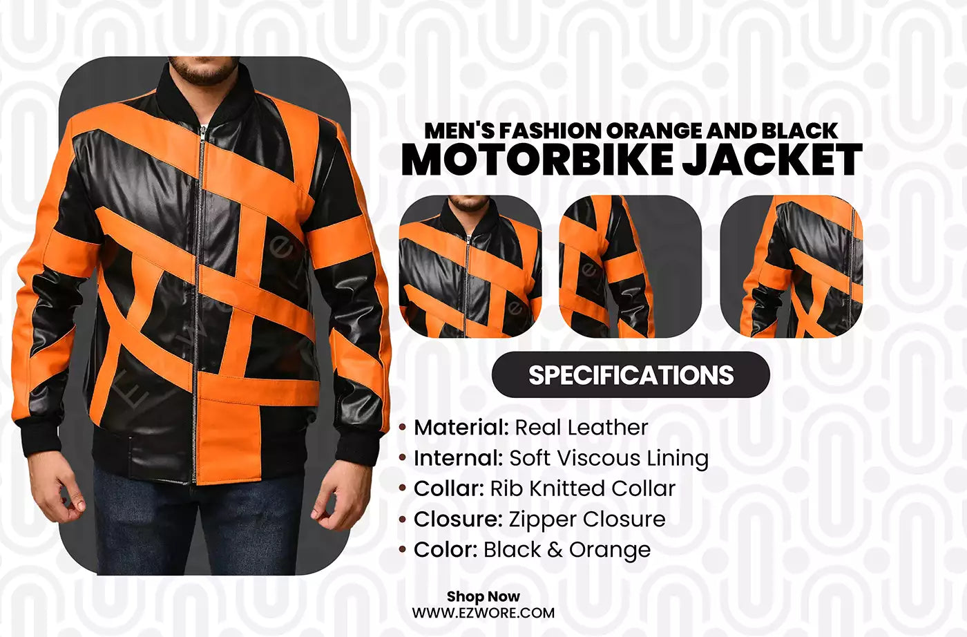 Men's Fashion Orange and Black Motorbike Jacket infography