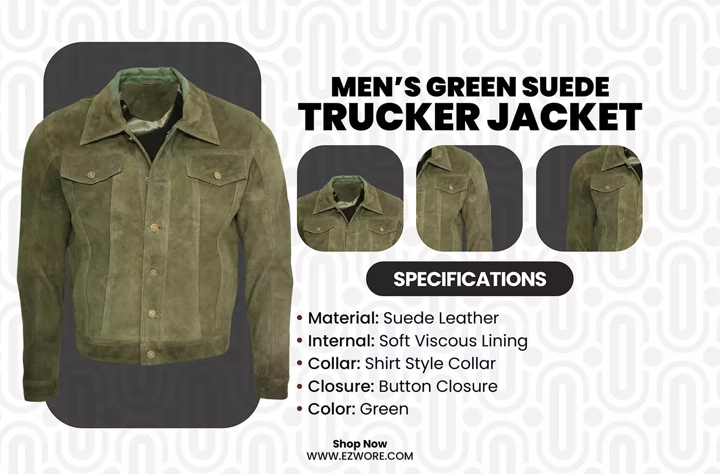 Men’s Green Suede Trucker Jacket infography