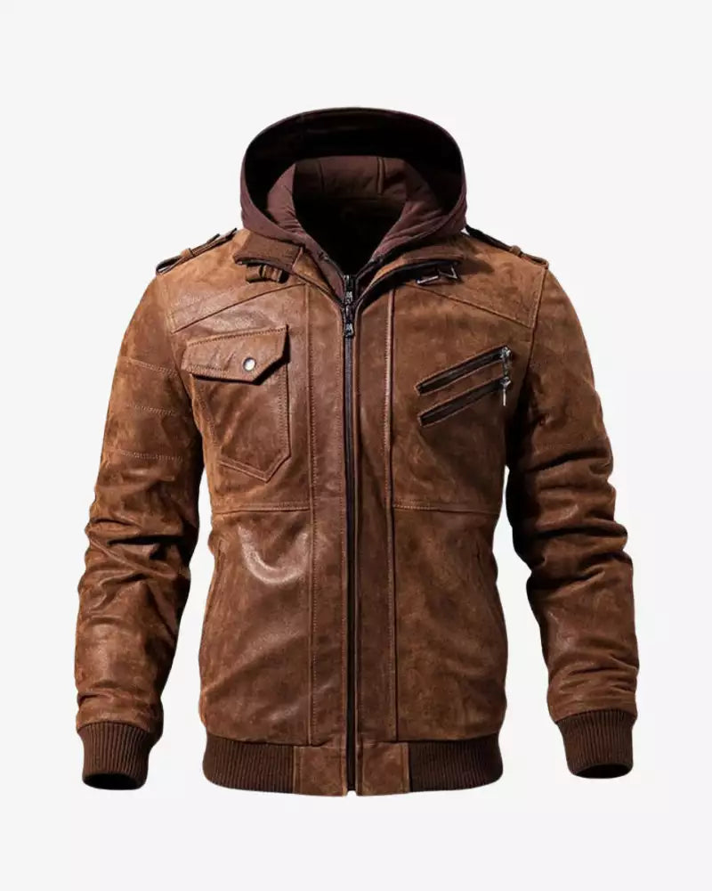Brown Leather Bomber Jacket With Removable Hood