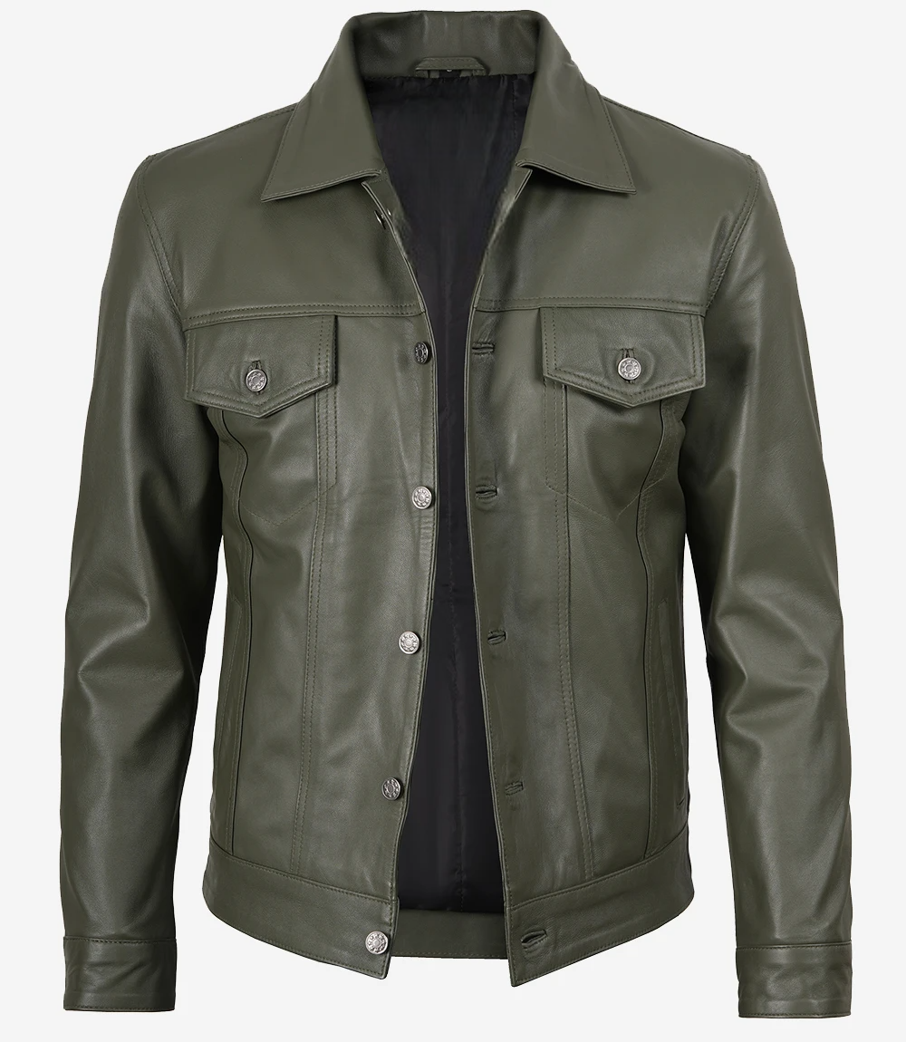 Mens-Four-Pockets-Olive-Green-Trucker-Leather-Jacket