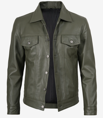 Mens-Four-Pockets-Olive-Green-Trucker-Leather-Jacket