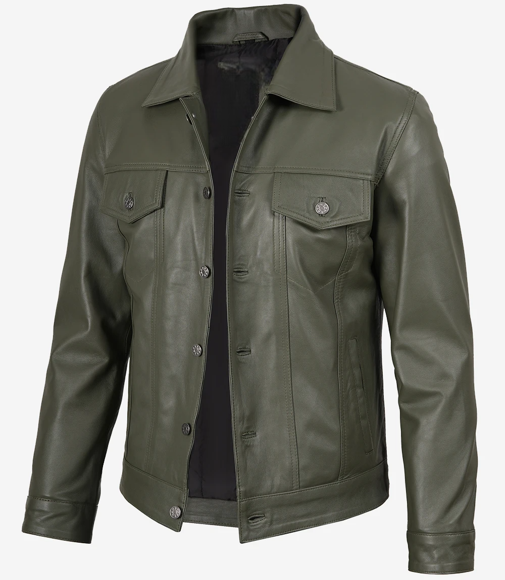Mens-Four-Pockets-Olive-Green-Trucker-Leather Jacket