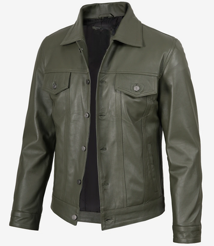 Mens-Four-Pockets-Olive-Green-Trucker-Leather Jacket