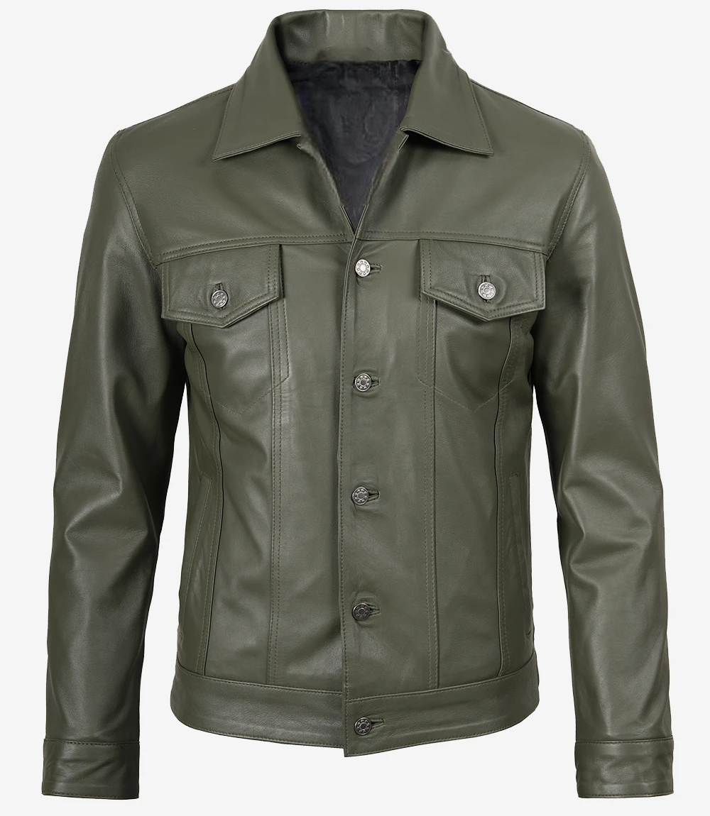 Mens-Four-Pockets-Olive-Green-TruckerLeather-Jacket